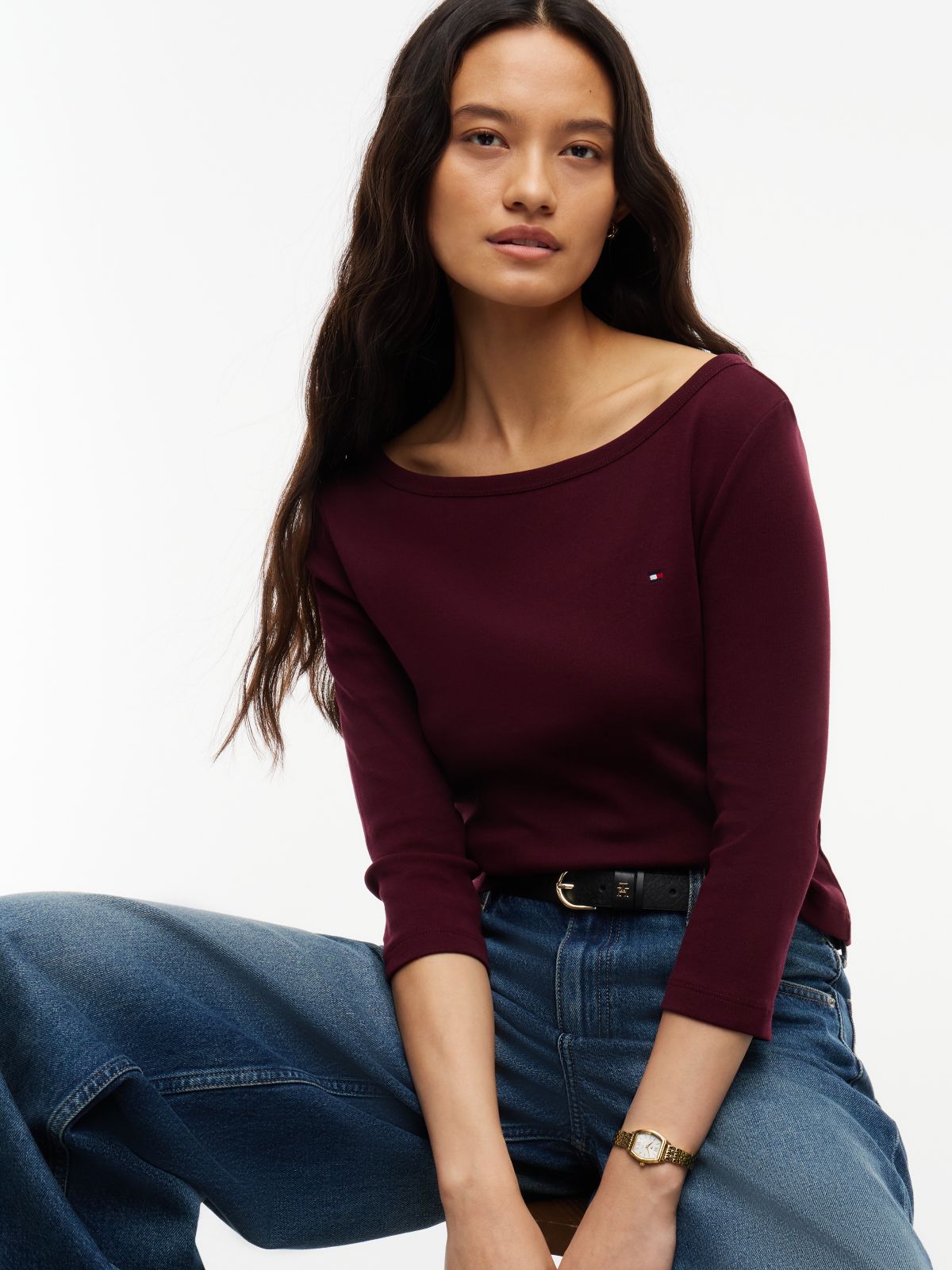 Boat Neck Slim Three-Quarter Sleeve T-Shirt — Red