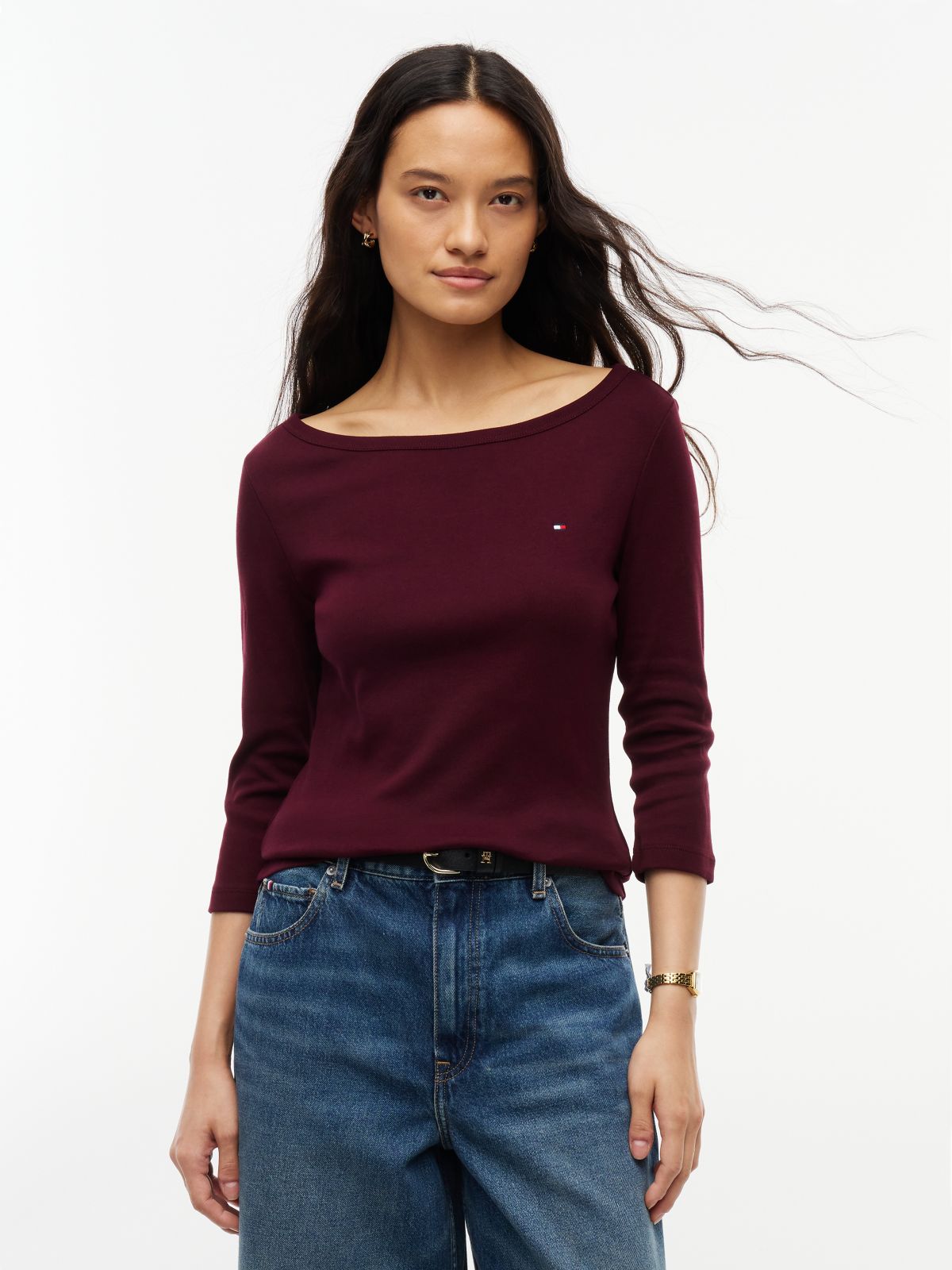 Boat Neck Slim Three-Quarter Sleeve T-Shirt — Red
