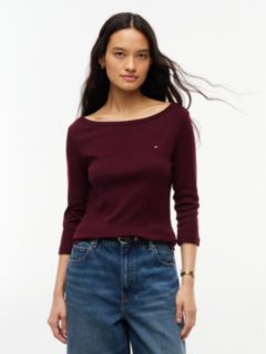 Boat Neck Slim Three-Quarter Sleeve T-Shirt — Red 1