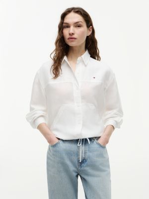 white relaxed fit drawstring shirt with linen for women tommy hilfiger