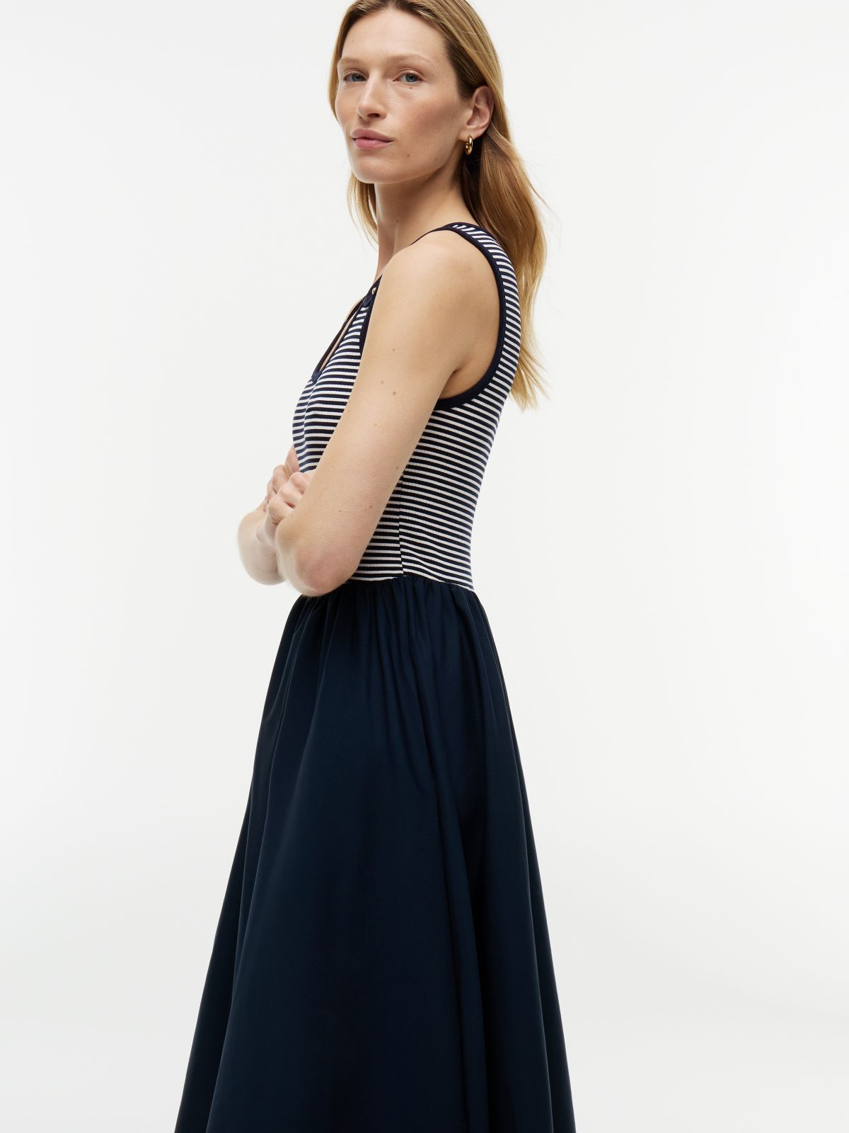 Gold-Tone Button Slim Mixed Midi Dress — Blue