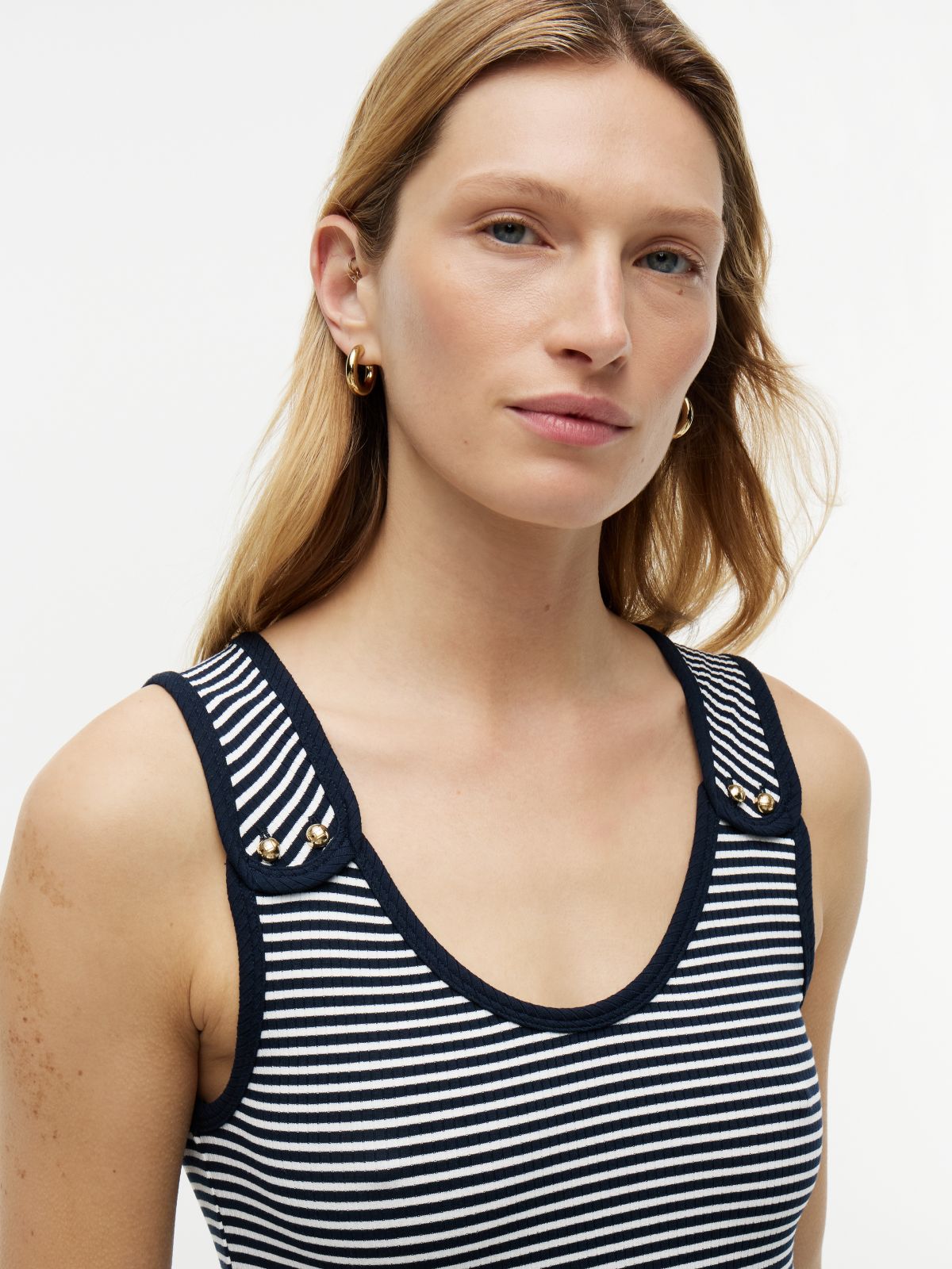 Gold-Tone Button Slim Mixed Midi Dress — Blue