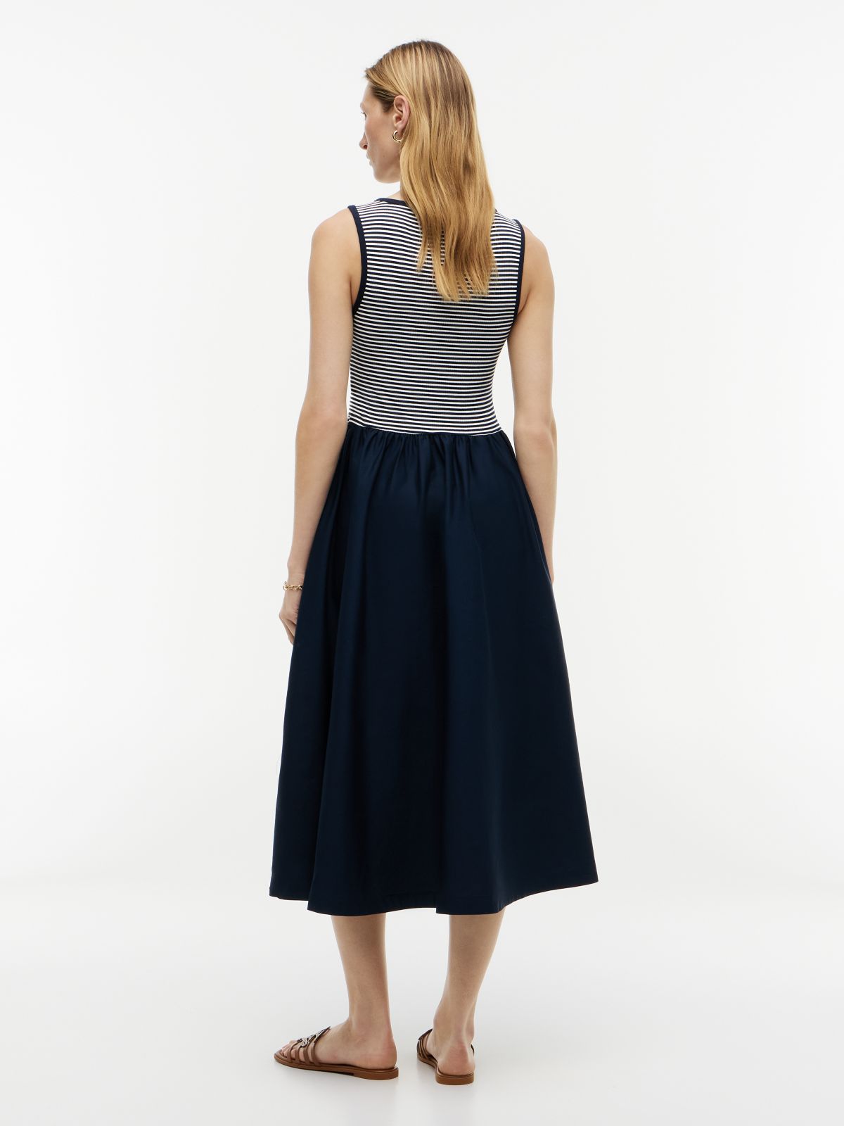 Gold-Tone Button Slim Mixed Midi Dress — Blue