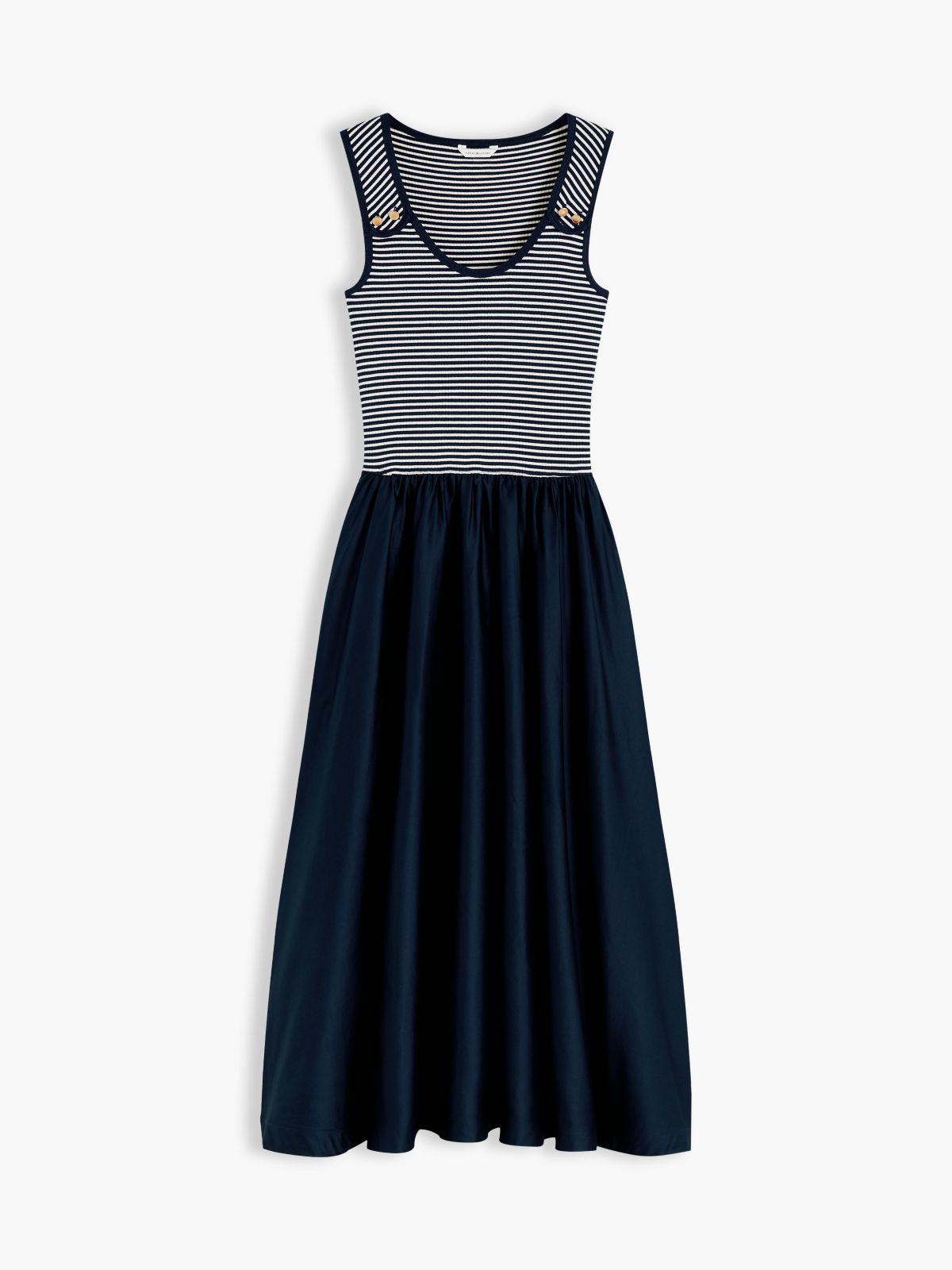 Gold-Tone Button Slim Mixed Midi Dress — Blue