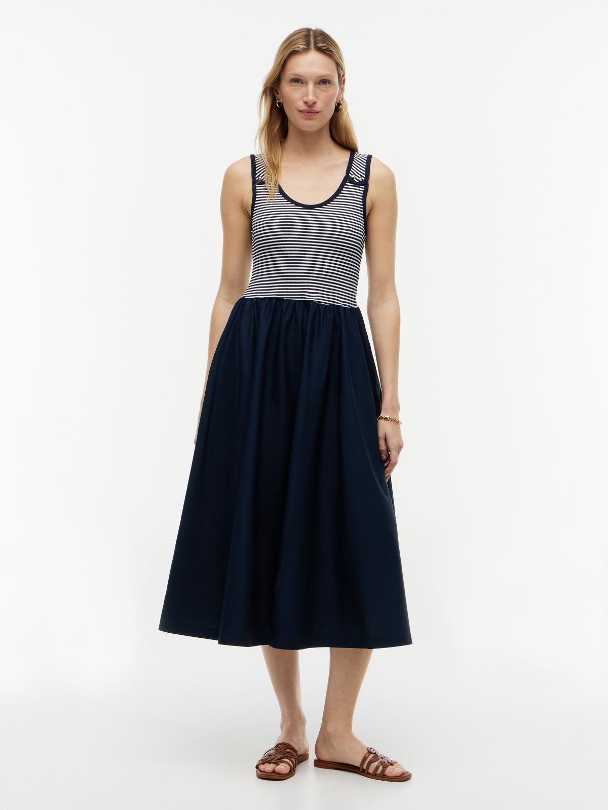 Gold-Tone Button Slim Mixed Midi Dress — Blue