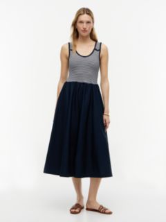 Gold-Tone Button Slim Mixed Midi Dress — Blue 1