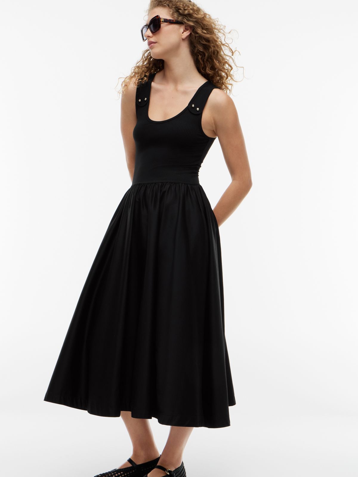 Gold-Tone Button Slim Mixed Midi Dress — Black