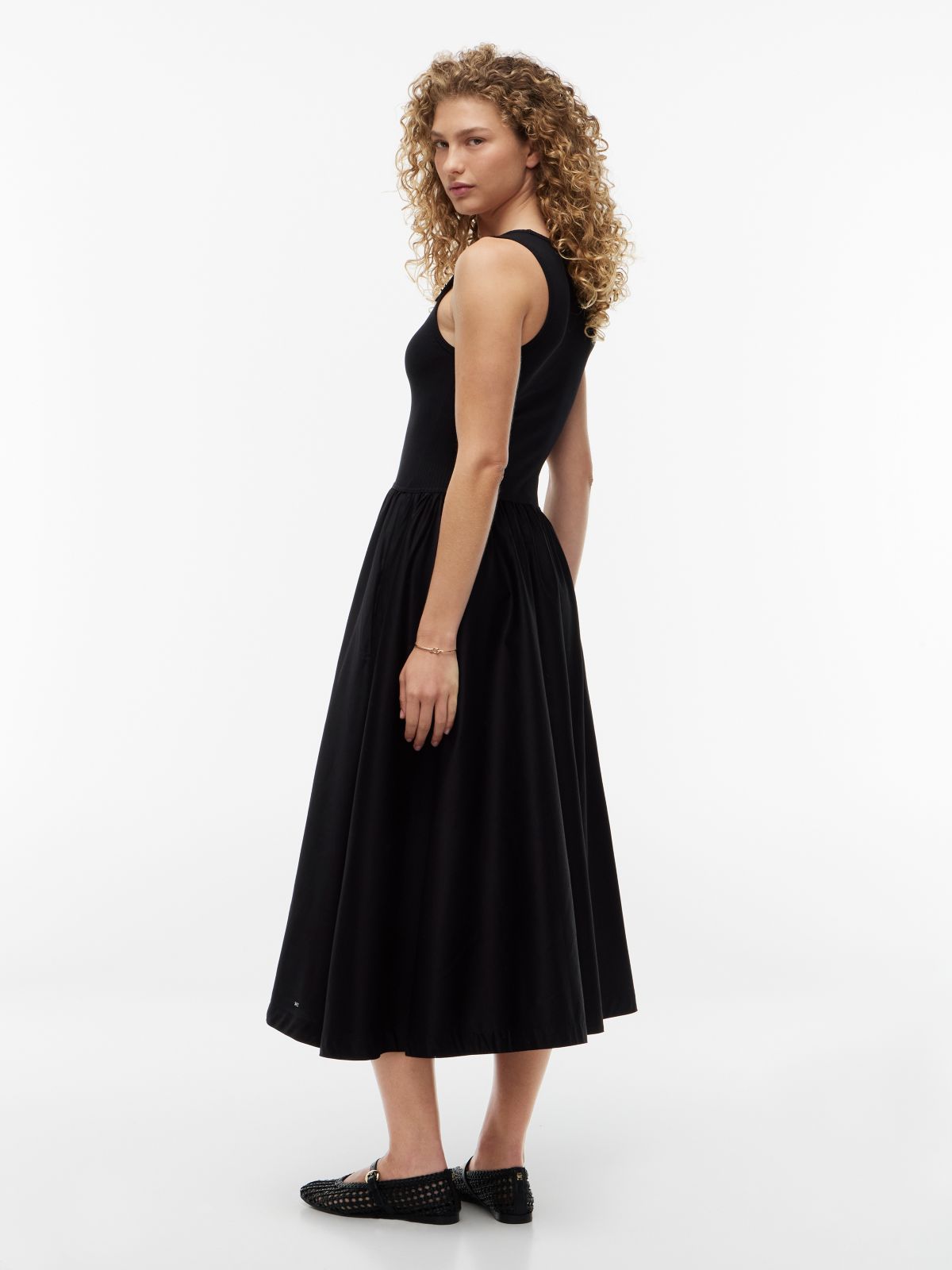 Gold-Tone Button Slim Mixed Midi Dress — Black