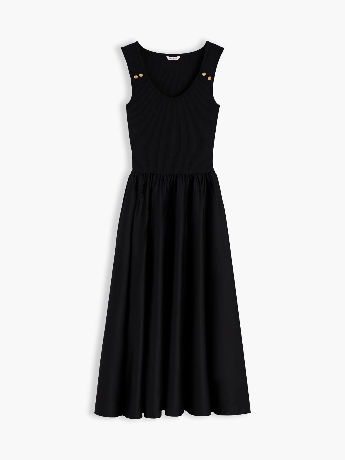 Gold-Tone Button Slim Mixed Midi Dress — Black