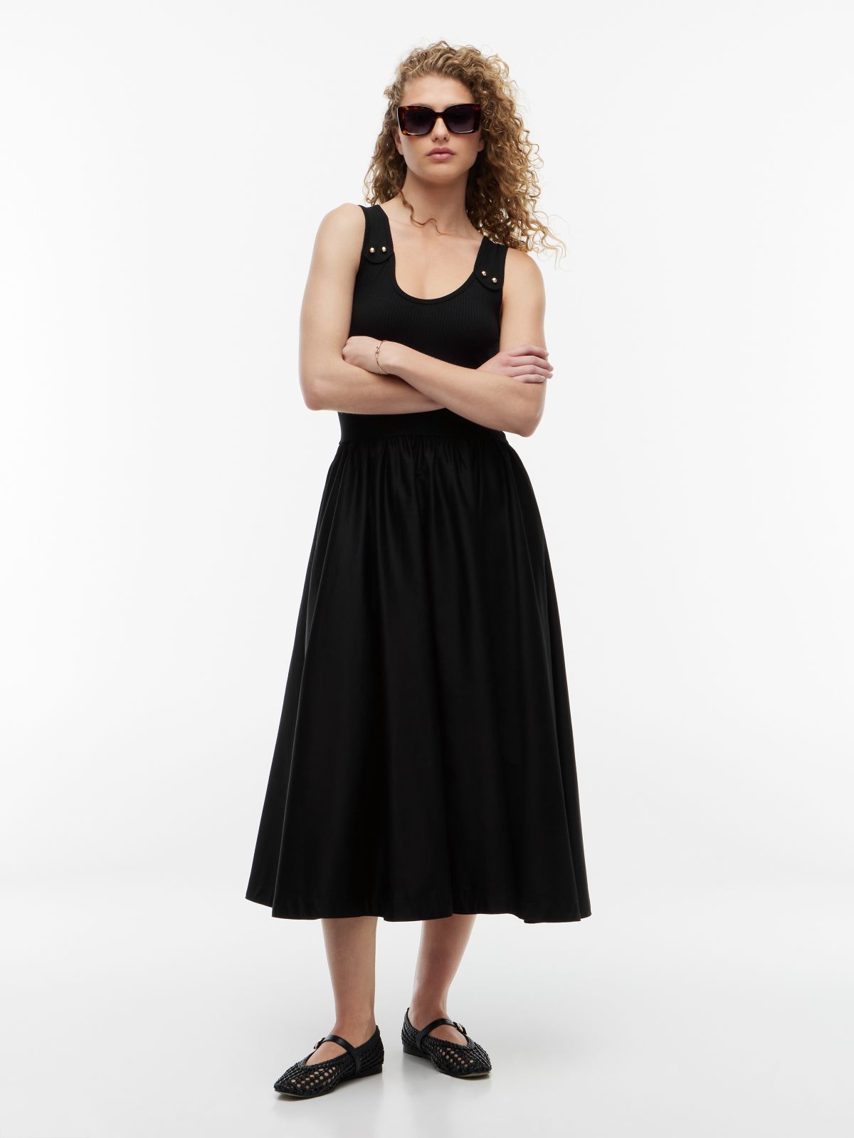 Gold-Tone Button Slim Mixed Midi Dress — Black