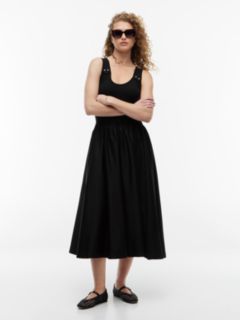 Gold-Tone Button Slim Mixed Midi Dress — Black 1