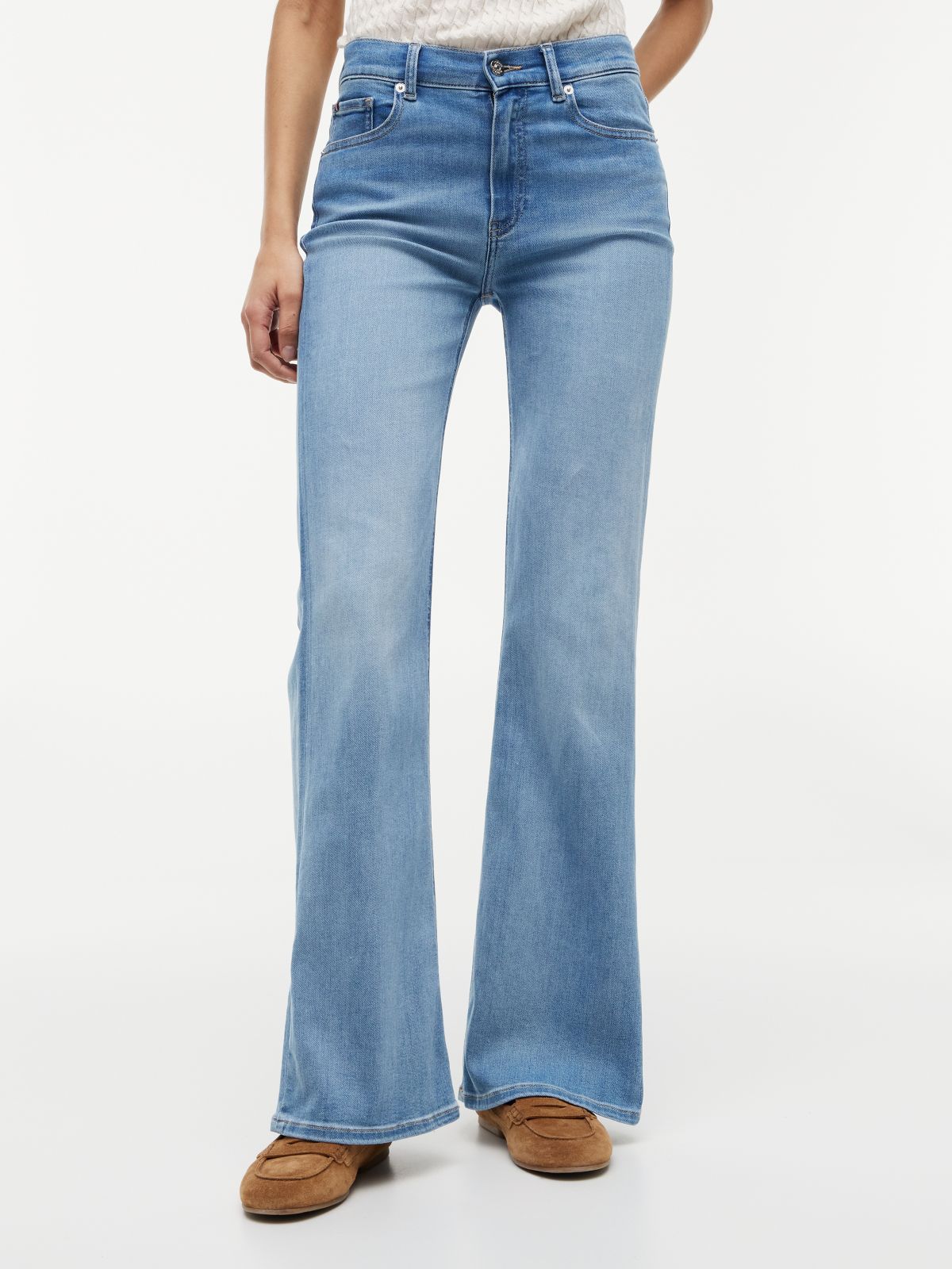 Whiskered Mid Rise Flared Jeans — Blue