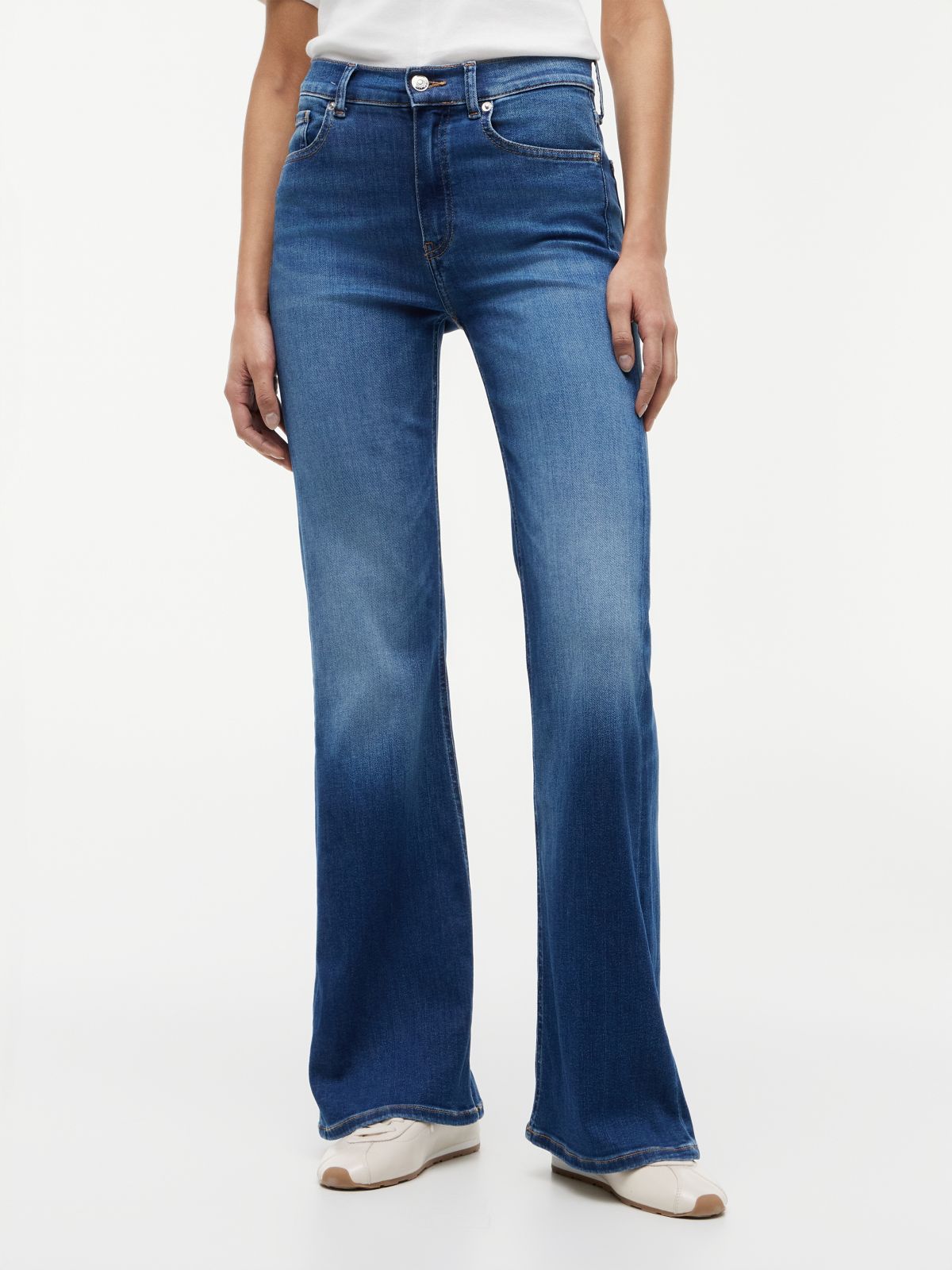Whiskered Mid Rise Flared Jeans — Blue