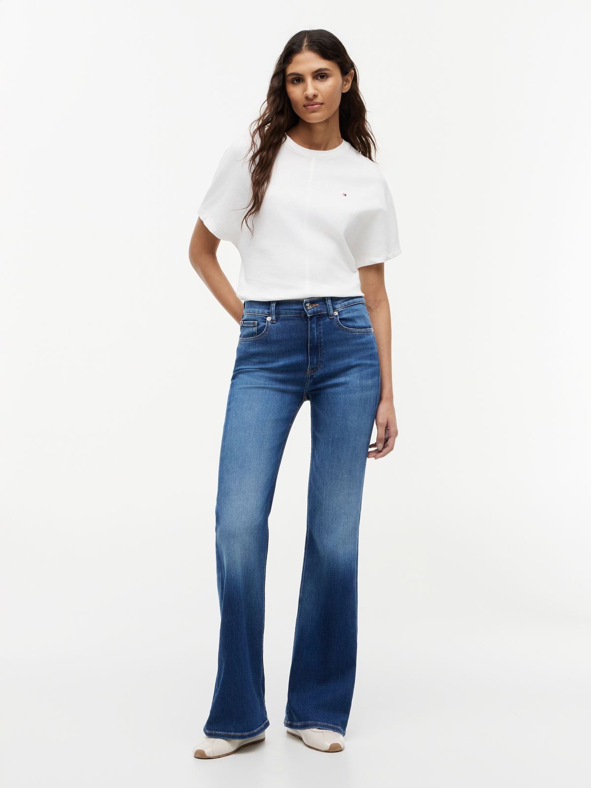 Whiskered Mid Rise Flared Jeans — Blue