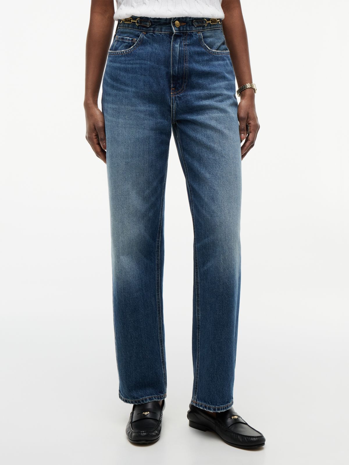 Flag Horsebit Regular Tapered Ankle Jeans — Blue