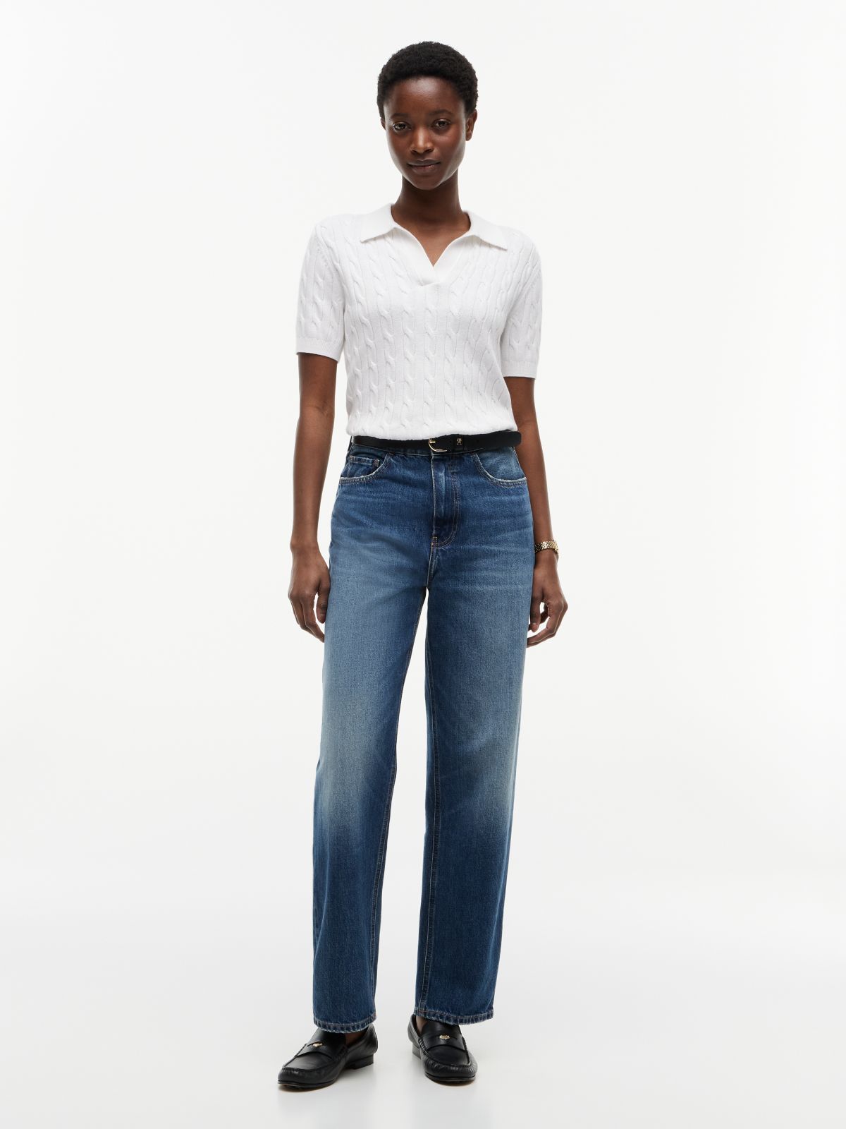 Flag Horsebit Regular Tapered Ankle Jeans — Blue
