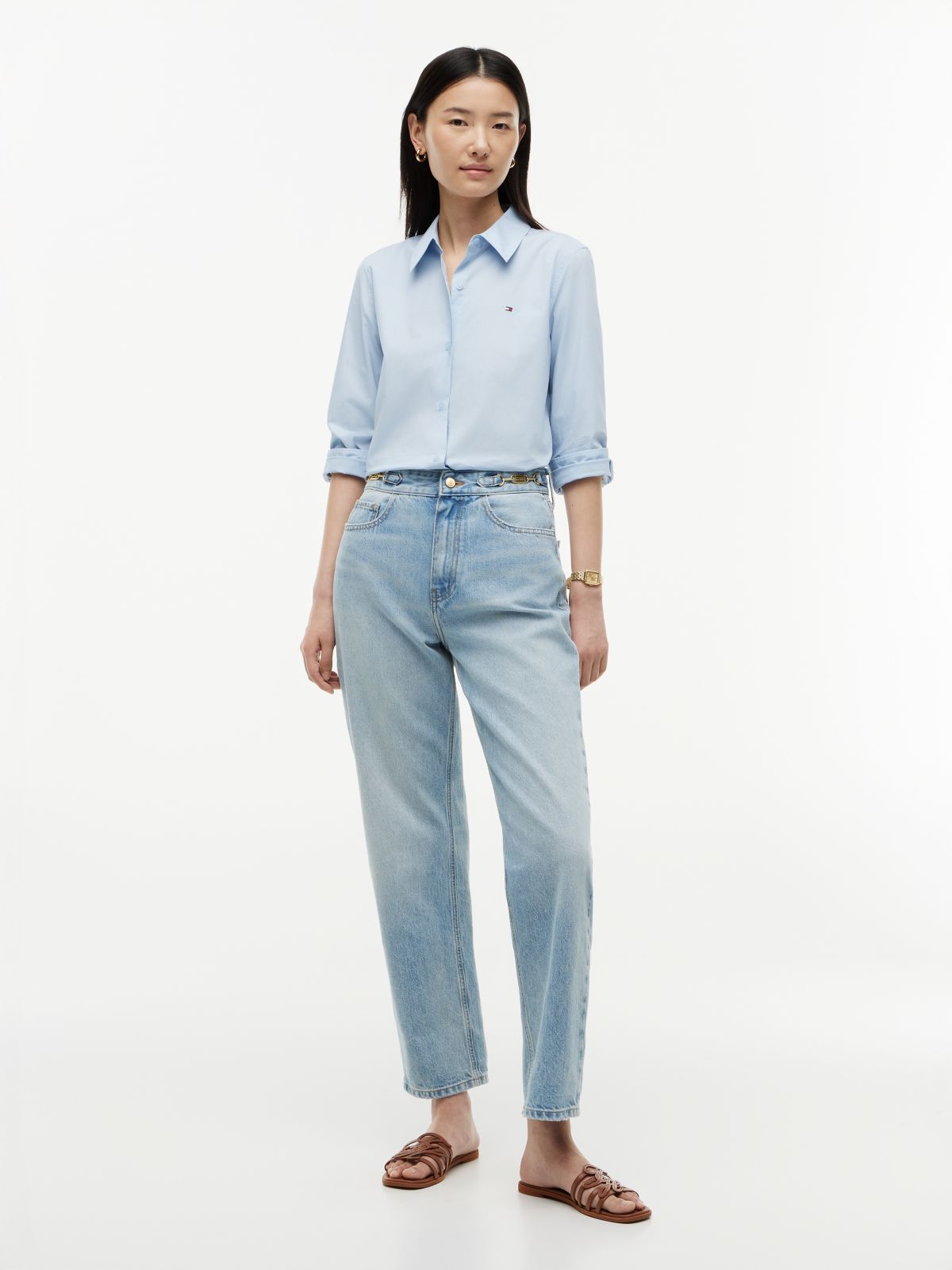 Flag Horsebit Regular Tapered Ankle Jeans — Blue