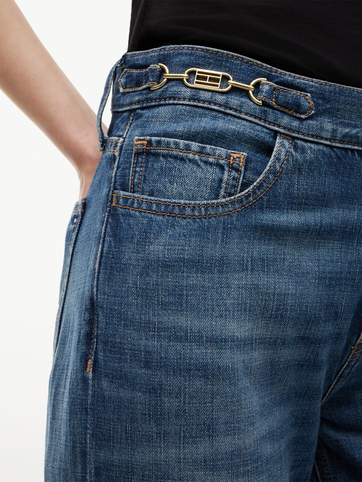 Flag Horsebit Mid Rise Flared Jeans — Blue