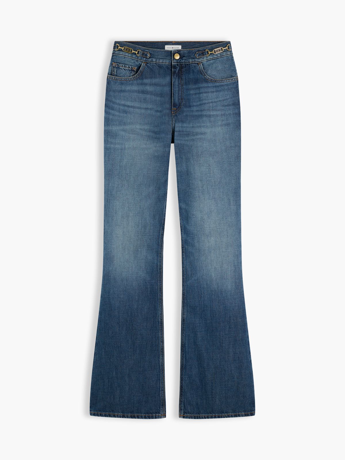 Flag Horsebit Mid Rise Flared Jeans — Blue