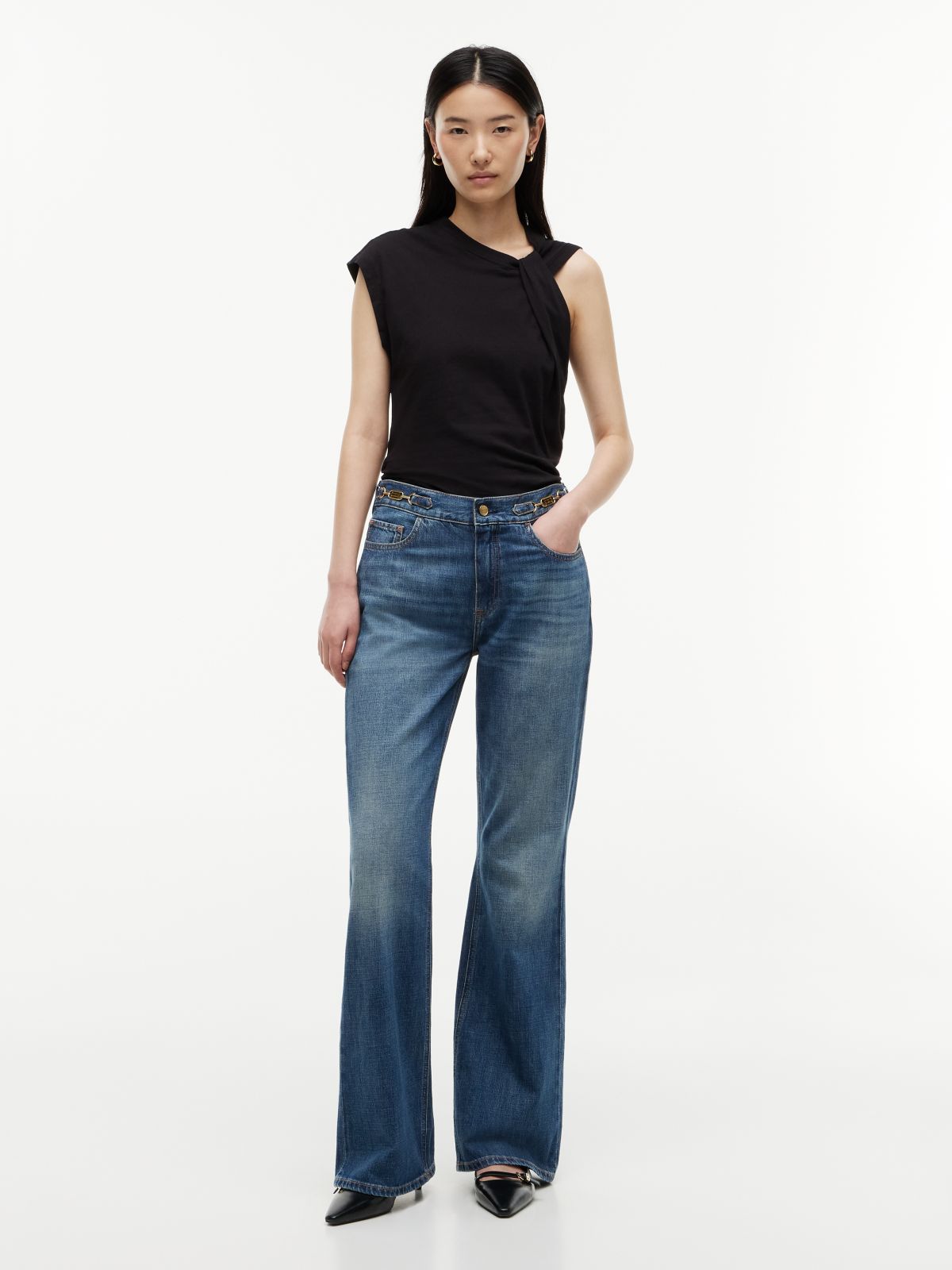 Flag Horsebit Mid Rise Flared Jeans — Blue