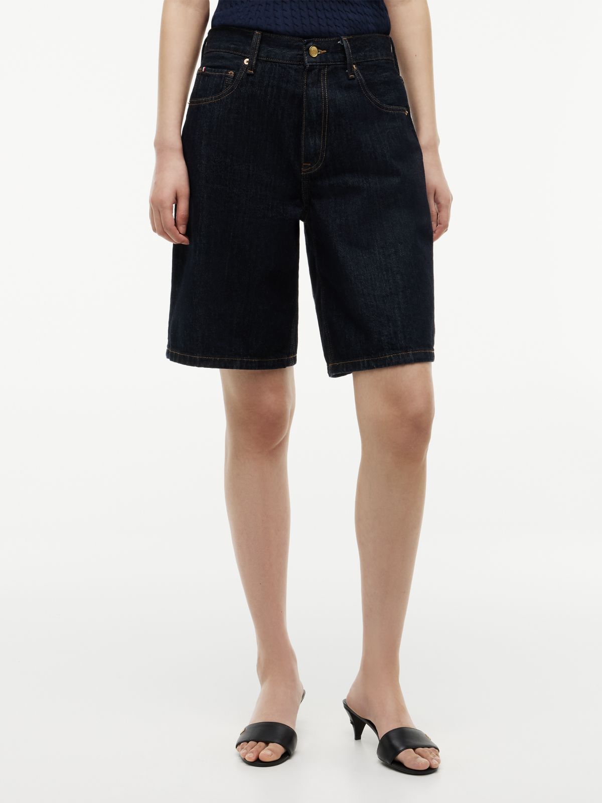 High Rise Straight Denim Bermuda Shorts — Blue