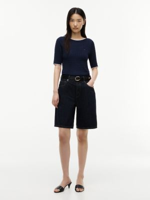 blue high rise straight denim bermuda shorts for women tommy hilfiger