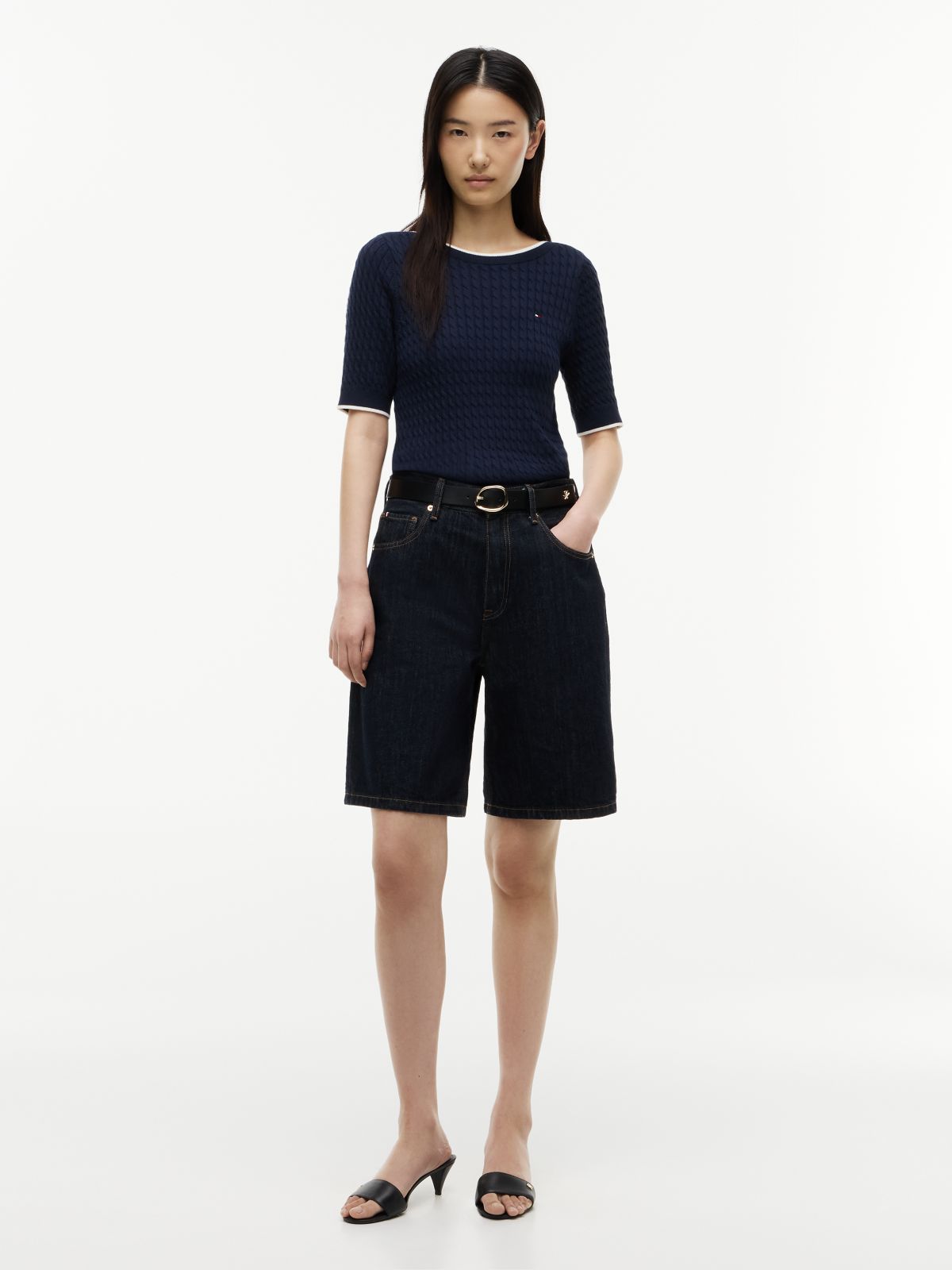 High Rise Straight Denim Bermuda Shorts — Blue