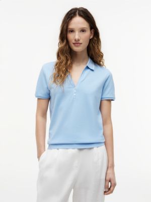 polo henley coupe standard en piqué blue pour femmes tommy hilfiger