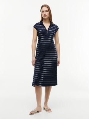 vestido tipo polo midi en piqué con cuello henley blue de mujeres tommy hilfiger