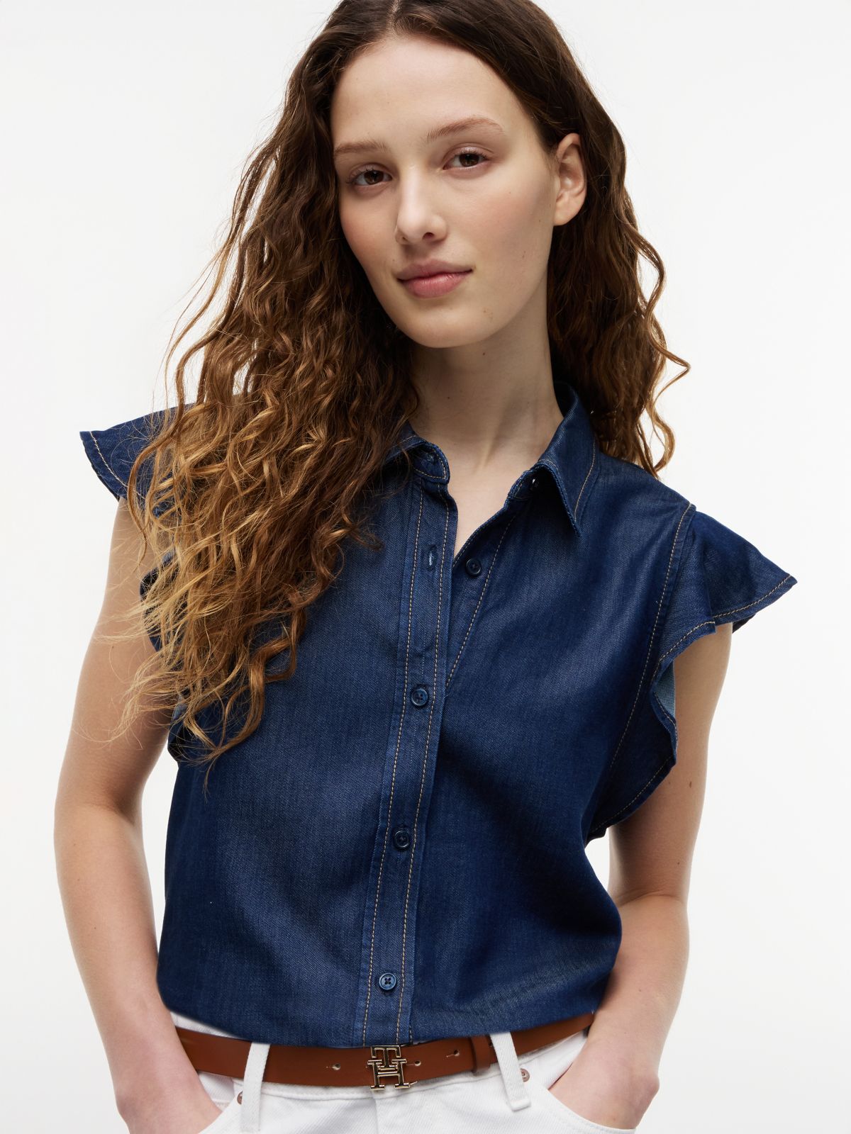 Regular Ruffle Cap Sleeve Denim Shirt — Blue