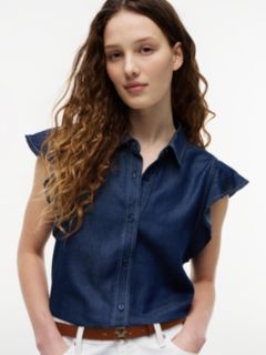 Regular Ruffle Cap Sleeve Denim Shirt — Blue 3