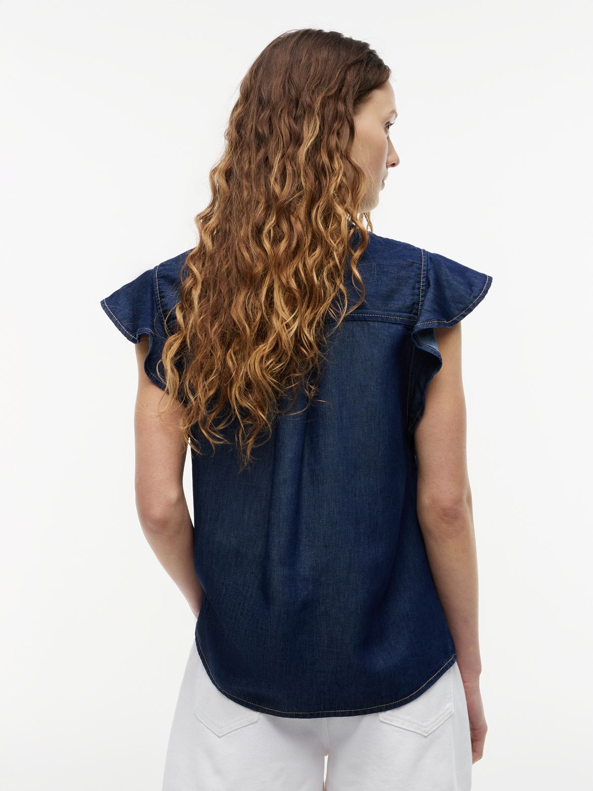 Regular Ruffle Cap Sleeve Denim Shirt — Blue