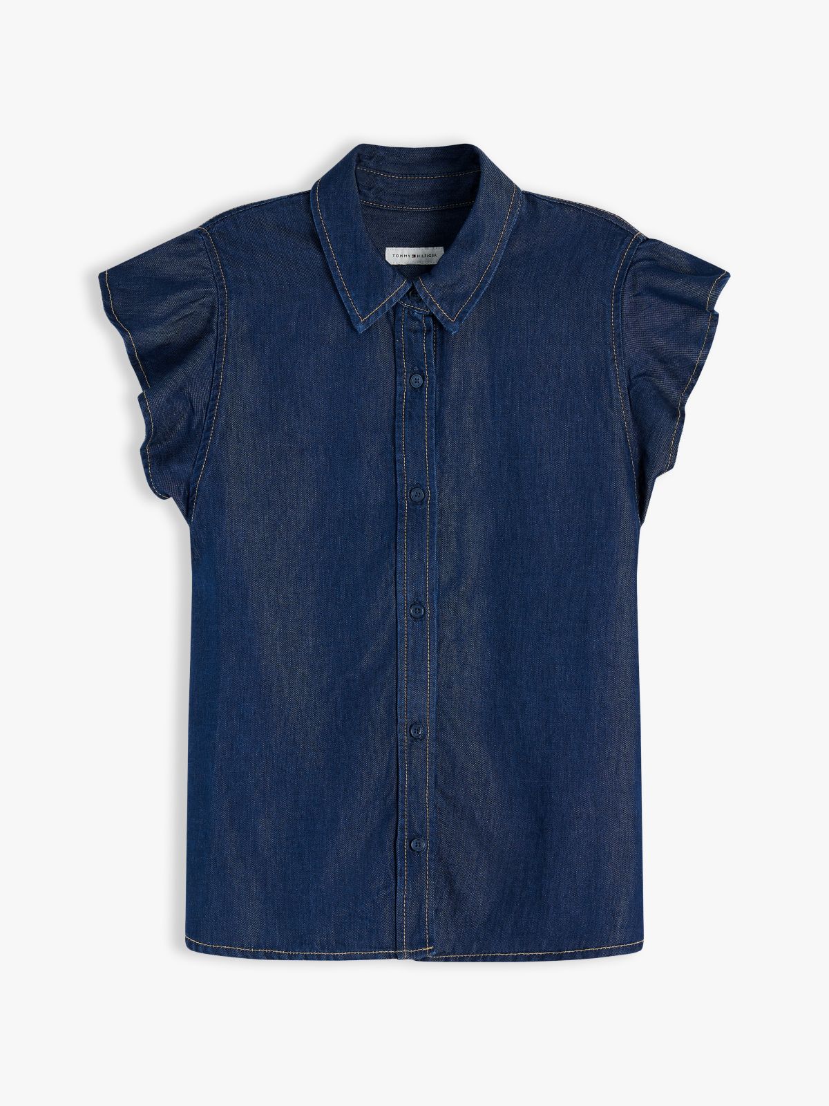 Regular Ruffle Cap Sleeve Denim Shirt — Blue