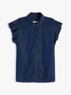 Regular Ruffle Cap Sleeve Denim Shirt — Blue 5