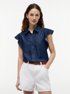 blue regular ruffle cap sleeve denim shirt for women tommy hilfiger
