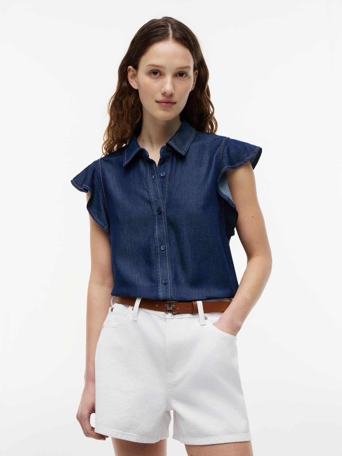 Regular Ruffle Cap Sleeve Denim Shirt — Blue
