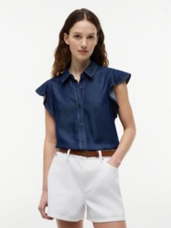 Regular Ruffle Cap Sleeve Denim Shirt — Blue 1