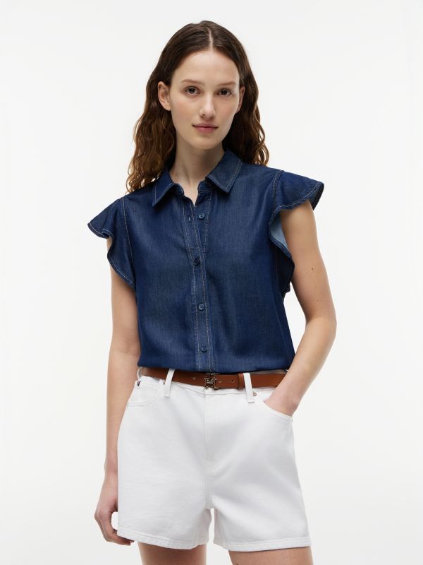 Regular Ruffle Cap Sleeve Denim Shirt — Blue