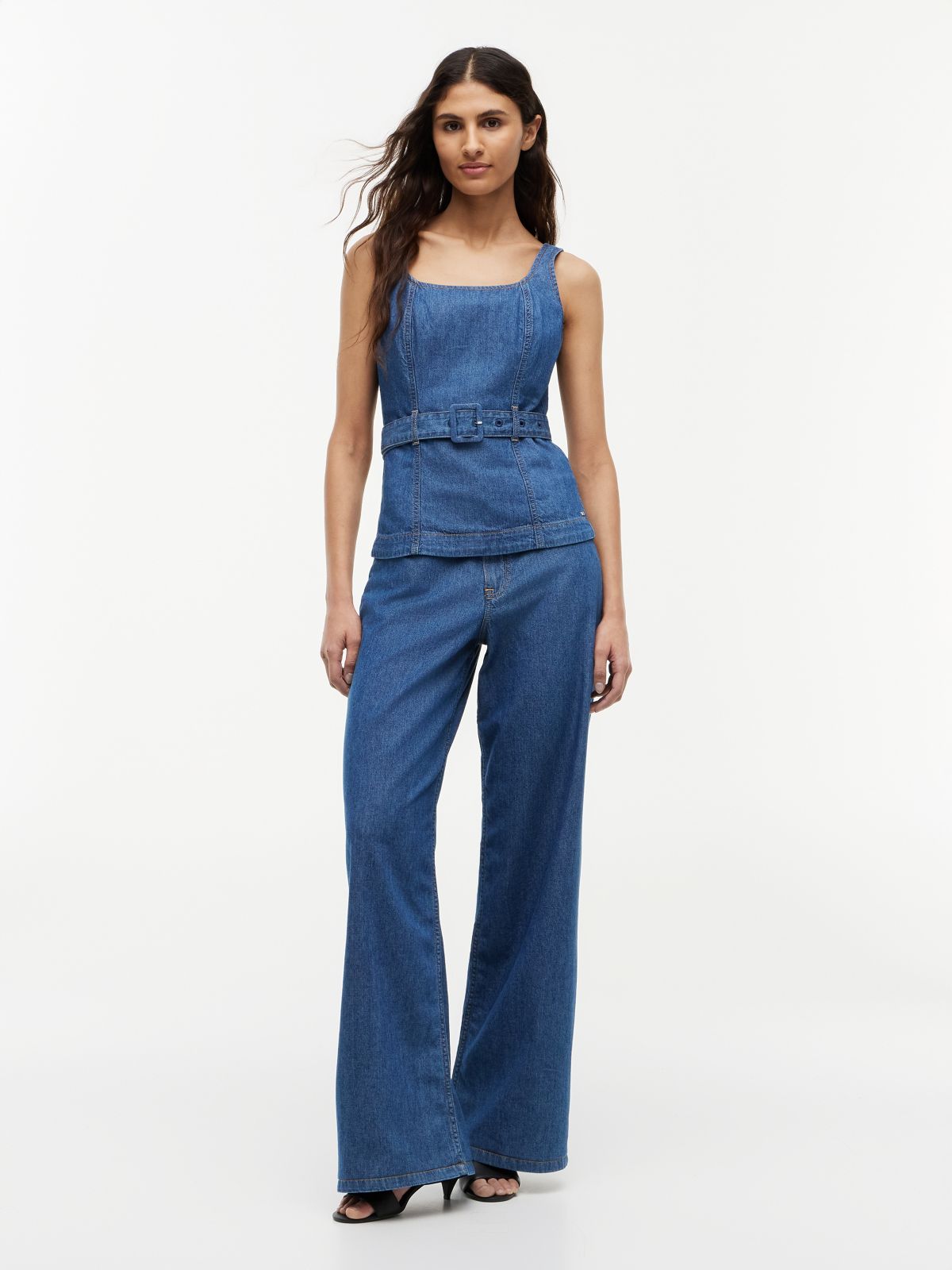 Denim Sleeveless Belted Top — Blue