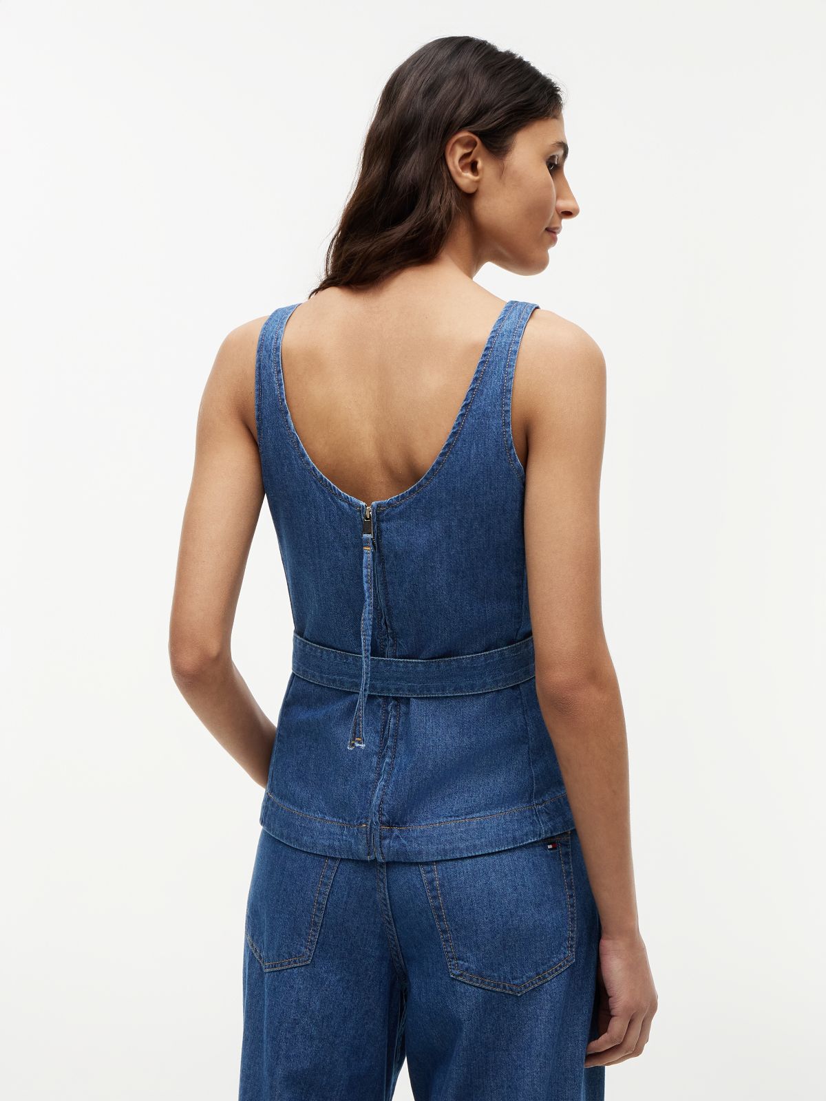Denim Sleeveless Belted Top — Blue