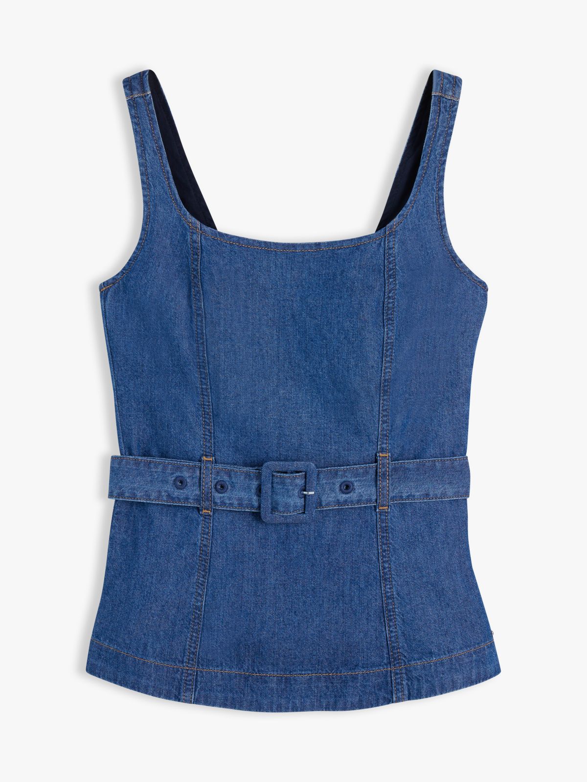 Denim Sleeveless Belted Top — Blue