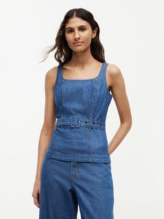 Denim Sleeveless Belted Top — Blue 1
