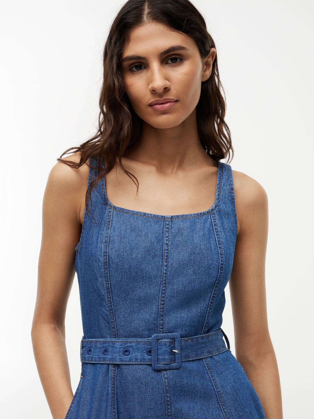 Belted Denim Fit And Flare Midi Dress — Blue
