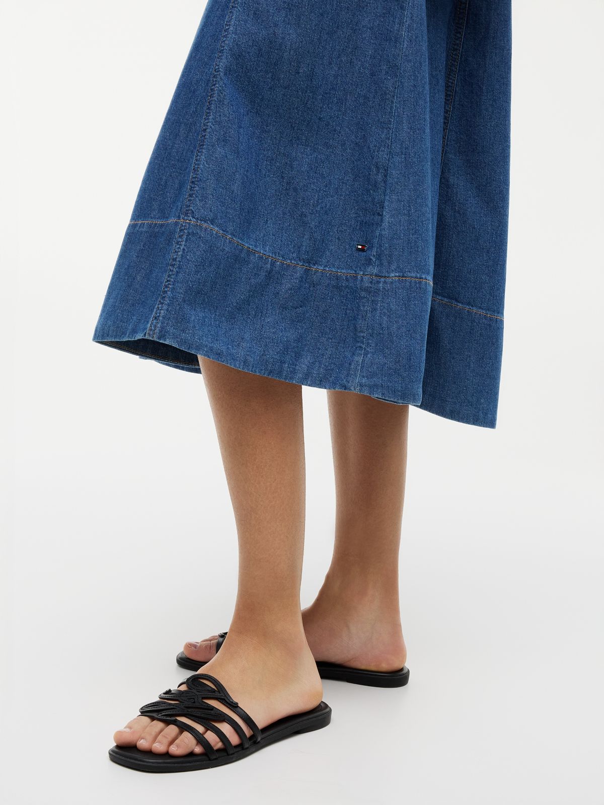 Belted Denim Fit And Flare Midi Dress — Blue