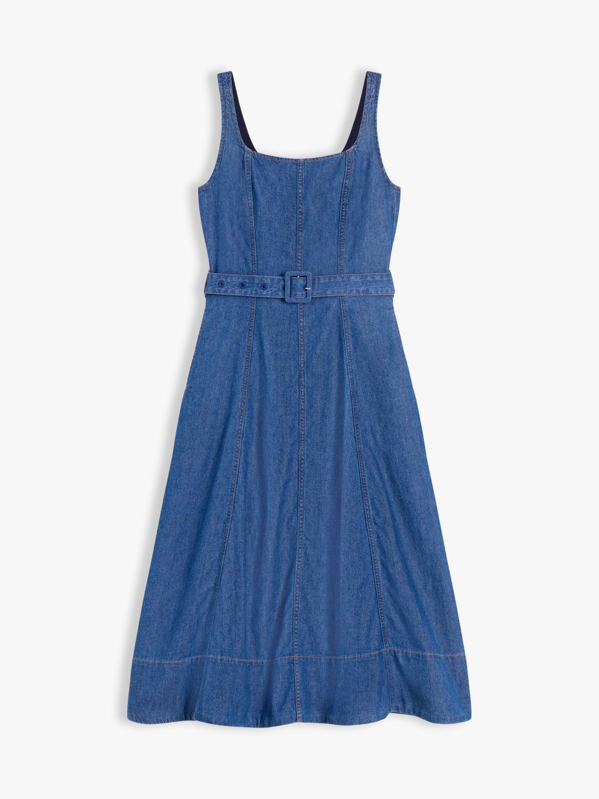 Belted Denim Fit And Flare Midi Dress — Blue