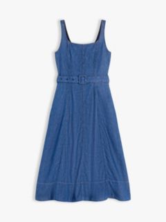 Belted Denim Fit And Flare Midi Dress — Blue 5