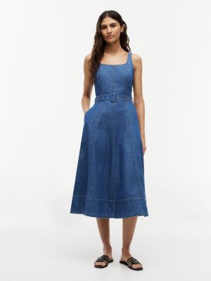 blue belted denim fit and flare midi dress for women tommy hilfiger