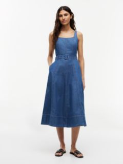 Belted Denim Fit And Flare Midi Dress — Blue 1