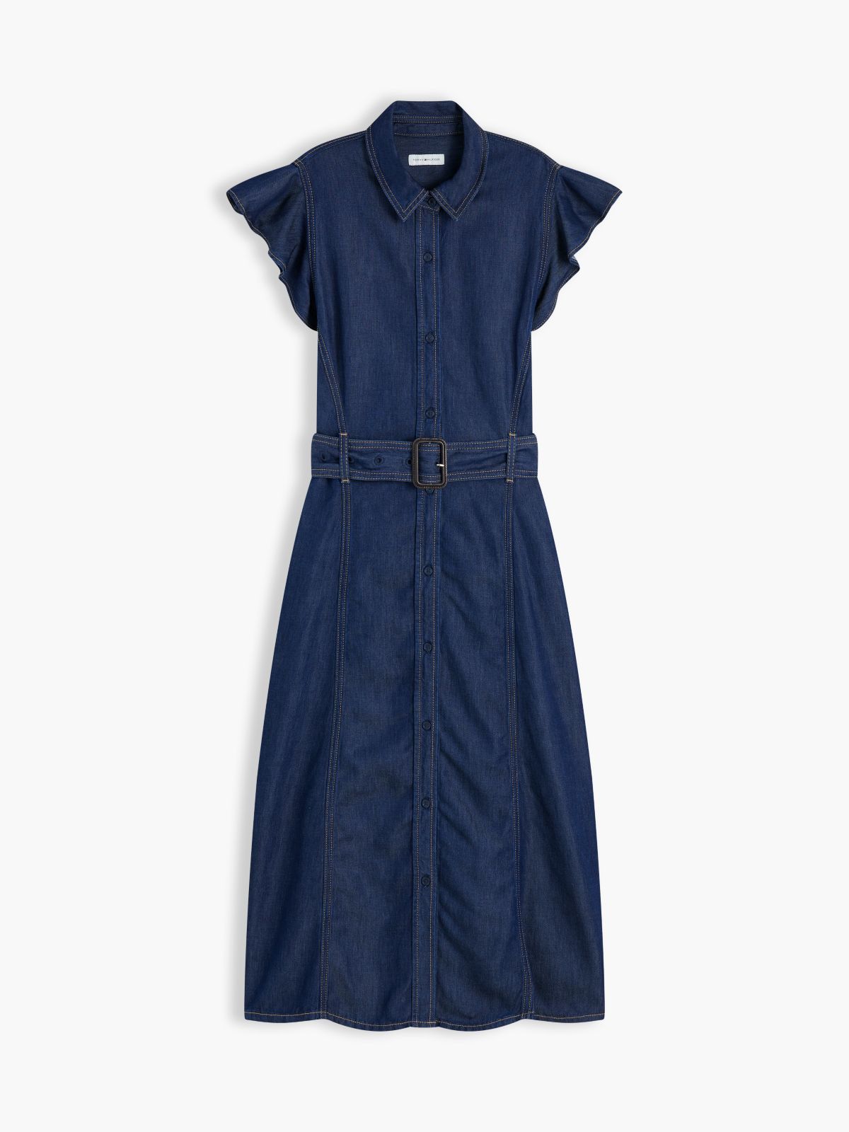 Denim Fit And Flare Midi Dress — Blue