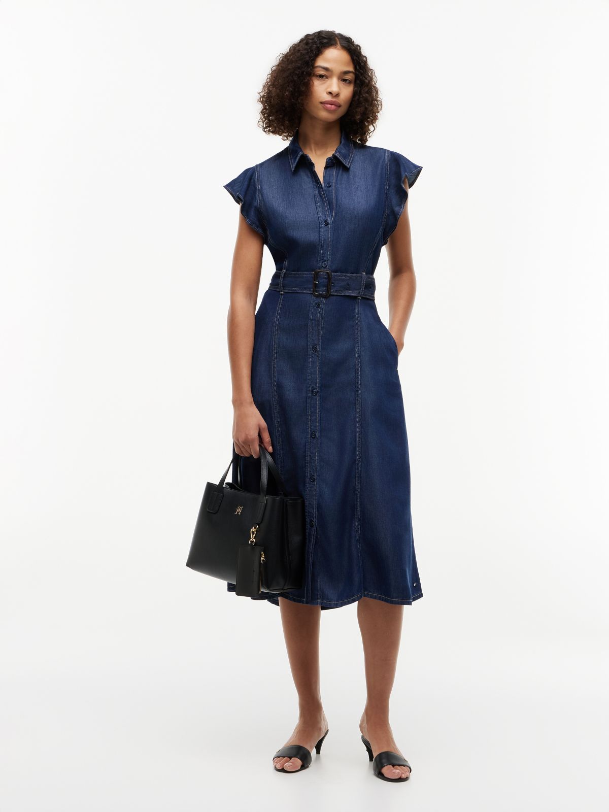 Denim Fit And Flare Midi Dress — Blue